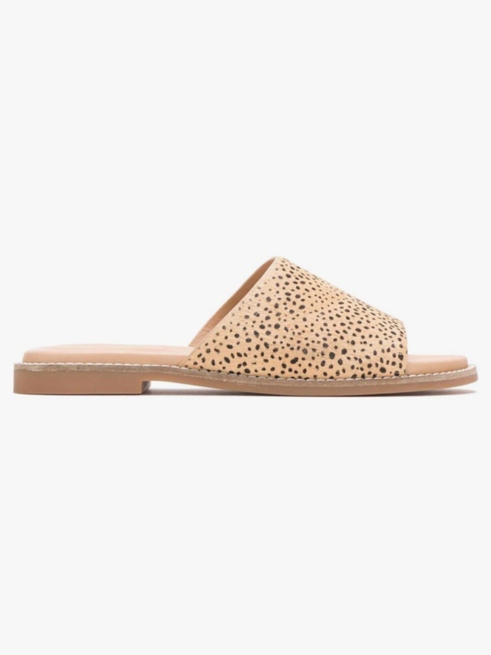 Hush Puppies Woman’s Lexi Slide Tan Leather Calf Hair Sandals with Black Speckle